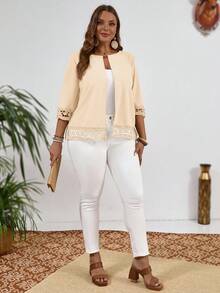 EMERY ROSE Plus Size Women Hollow Sleeve Solid Color Open Front Casual Lightweight Jacket Winter Fall Autumn - Apricot - View 9