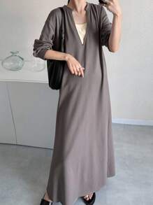 FRIFUL 女式宽松深 V 领落肩长袖开衩休闲长裙，灰色，秋季