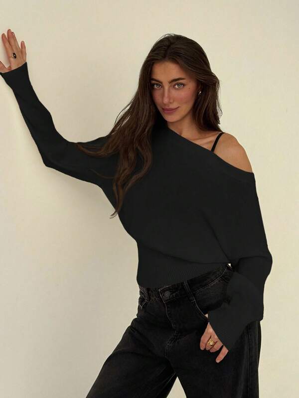 Aloruh Jersey holgado de punto con hombros oblicuos y flores 3D, romántico para usar al aire libre, otoño/invierno