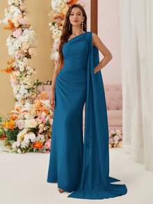 SHEIN Belle Chiffon Bridesmaid Dress With Asymmetric Shoulder And Draped Detailing (Adult) - Teal Blue - View 1