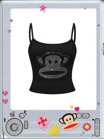 Paul Frank X ROMWE Y2K Baddie Subculture Casual Cartoon Pattern Rhinestone Embellished Fitted Camisole Top For Women