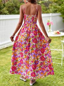 KARISMINA Vestido De Tirantes Con Estampado Floral Y Ajustado A La Cintura Para Mujeres - Rosa Fucsia - Ver 2