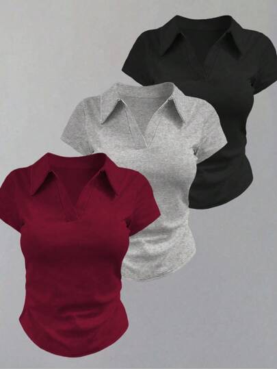 INAWLY T-shirt décontracté polyvalent à col et manches courtes plissé, couleur unie pour femme