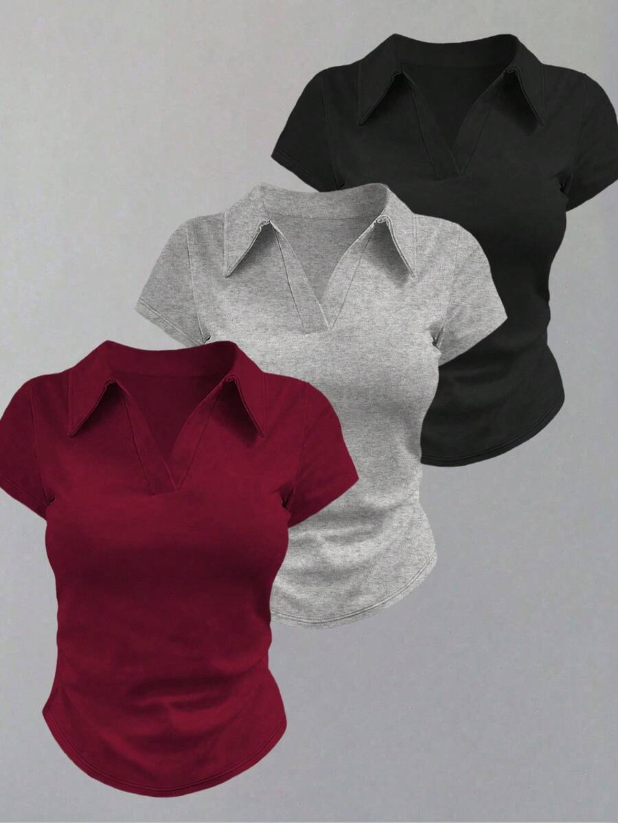 SHEIN 女士纯色翻领短袖百褶休闲百搭T恤 - 酒紅色 - 查看 1