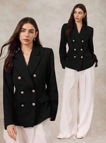 Briarwyn 女士优雅通勤纯色双排扣西装外套，秋季女士，冬季女士，老款风格，返校，复古女士，女士教师，冬季夹克 - 黑色 - 查看 6