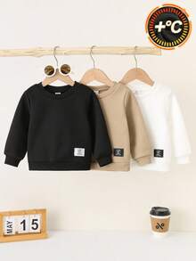SHEIN 3件套男婴休闲可爱运动街头风百搭卫衣，黑/白/卡其色，舒适时尚，适合春、秋、冬三季穿着，长袖上衣，中性色，男女宝宝通用纯色上衣 - 彩色 - 查看 5