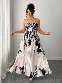 Elenzga 大码优雅露肩百褶花卉印花连衣裙，夏季 - 杏色 - 查看 1