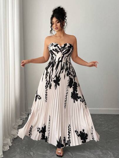 Elenzga Halloween Plus Size Elegant Strapless Pleated Floral Print Dress, Summer