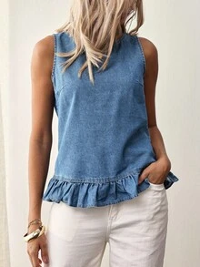 EMERY ROSE 假期休閒無袖牛仔頂部，配有背部鈕扣和荷葉邊 - 藍色 - 查看 2