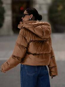 EURMUSE Women's Hooded Long Sleeve Short Padded Coat - Camel - View 2