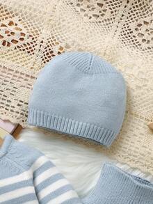 SHEIN 3pcs Newborn Baby Striped Sweater Set, Casual Pullover Sweater, Simple Leggings, And Hat Fall Winter - Green - View 4