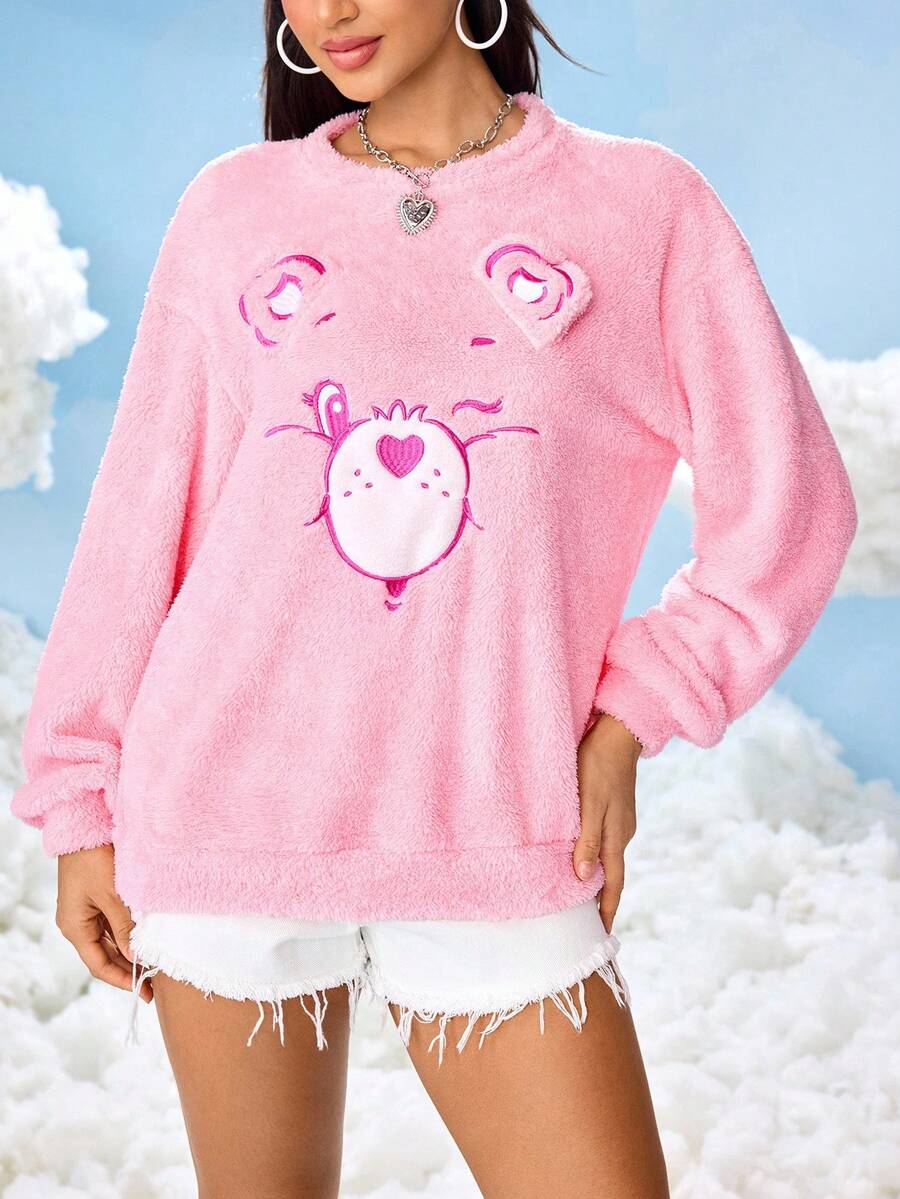 SHEIN X Care Bears Women's Casual Cute Bear Embroidered Drop Shoulder Fuzzy Sweatshirt - Pink - View 1