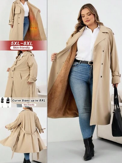 SHEIN CURVE+ 大码女式保暖内衬风衣，大码秋冬大衣