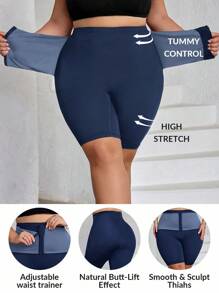 SHEIN CURVE+ Pantaloncini da donna taglie forti con controllo di vita e addome, aderenti e compressivi, con chiusura anteriore a gancio/magliette con grafica - Blu Navy - Visualizzare 1