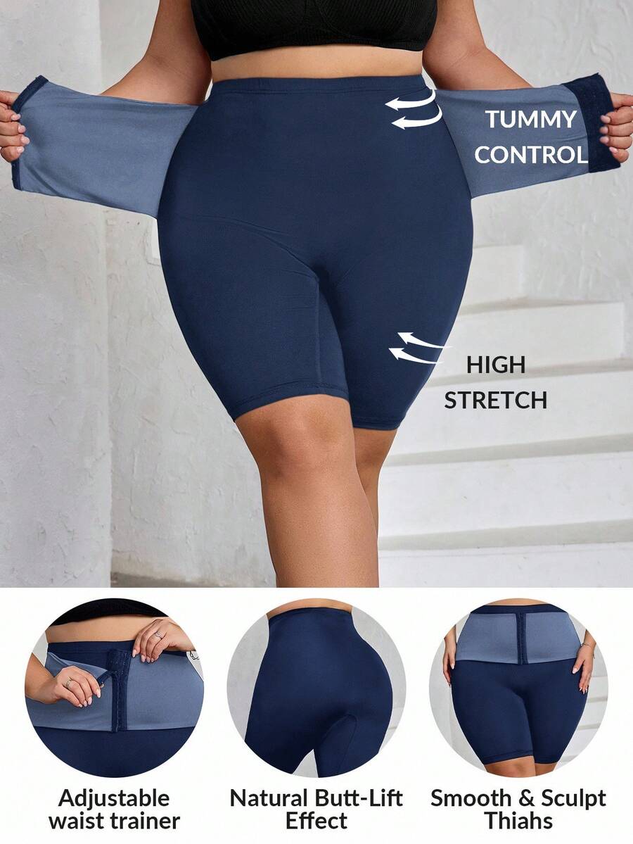 SHEIN CURVE+ Pantaloncini da donna taglie forti con controllo di vita e addome, aderenti e compressivi, con chiusura anteriore a gancio/magliette con grafica - Blu Navy - Visualizzare 1