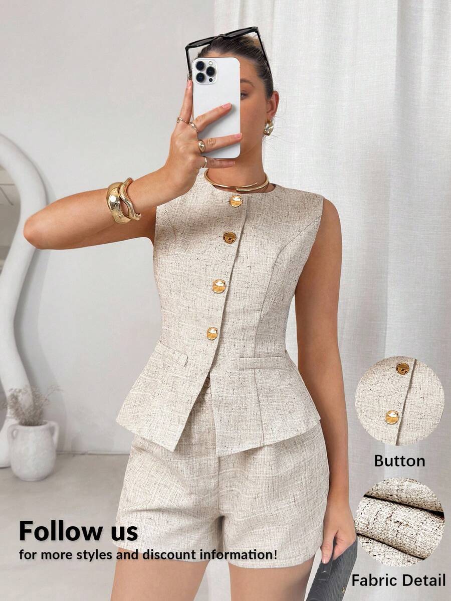Lavishia Women's Summer  Two Pieces Set  Metal Single-Breasted  Curve Neck Vest & Shorts Linen Tweed Frenchy Metal Button Elegant Blouse And Shorts  Summer  Business Casual Woman  Work Clothes Women  Office Outfits For Women    Business Casual  Business Women Attire   Professional Women Clothes   Graduation Dress  Woman  Clothes   Teacher Clothes   Airport Summer Honeymoon Woman  For Women Boho