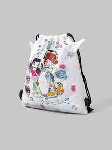 ROMWE Anime 可爱女孩背包，带有心形和星星印花，透明口袋，大容量，抽绳封口，双面设计，适合上学、通勤、休闲日常穿着