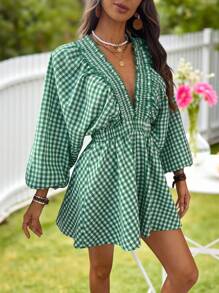 KARISMINA 女士编织格子 V 领泡泡袖连体裤