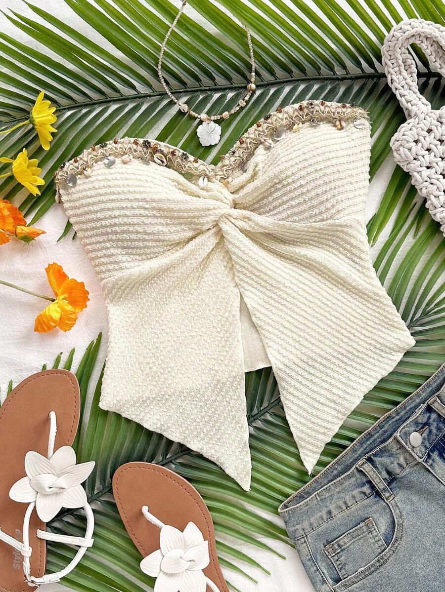 Soleia Áo hai dây dệt kim màu mơ có họa tiết viền xoắn, viền bất đối xứng dành cho nữ, trang phục đi nghỉ - Màu be - Xem 1