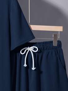 SHEIN Teen Boys' Blue Solid Color Shorts & Polo T-Shirt Set, Casual, Comfortable, Fashionable, Versatile, Suitable For Daily Wear, School, Travel, Beach Vacation