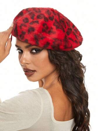 Grunge Punk 1 Stück Leopard Muster roter Barett-Hut, modischer flauschiger Hut für Frauen, retro-kantiger Y2K-Stil Kopfbedeckung