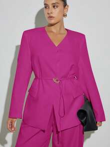GENKIRA 优雅长袖西装外套搭配直筒阔腿西装裤，办公室穿着 - 玫紅色 - 查看 5