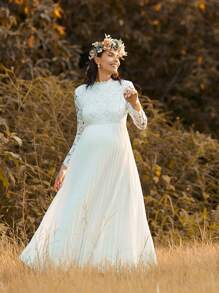 SHEIN Autumn And Winter BOHO Pregnant Women's Contrast Lace Long Sleeve Elegant Dress - White - View 5