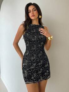 Aloruh Women's Sexy Backless Embroidered Chiffon Mini Dress, A-Line Silhouette, Suitable For Spring/Summer Vacation - Black - View 3