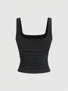 Sweetra New Shiny Fabric Elegant Commuter Everyday Wear Waist Cinched Slim Fit Women Tank Top, Autumn