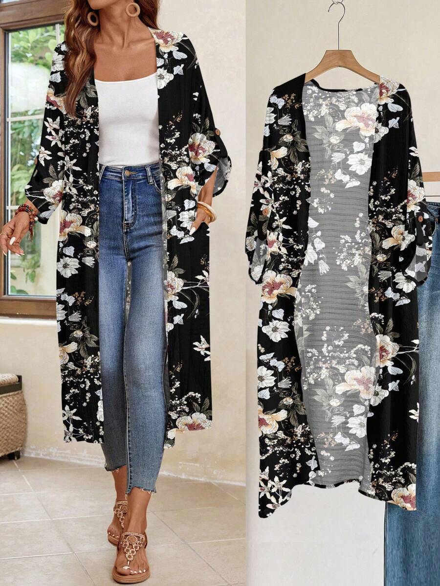 SHEIN LUNE 女士外套冬季秋季上衣秋季女士秋季办公室服装外出花卉和服 - 彩色 - 查看 1