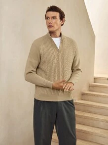 Manfinity Homme كنزة صوفية كاجوال للرجال بلون أحادي وياقة عالية، خريف/شتاء - كاكي - مشاهدة 4