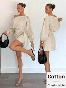 Siren Gaze 女士纯色灯笼袖船领衬衫和侧系腰裙休闲两件套 - 杏色 - 查看 5