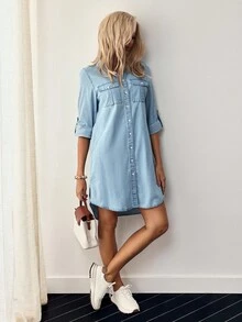 EMERY ROSE Women Casual V-Neck Single-Breasted Cuffed Sleeves Denim Dress