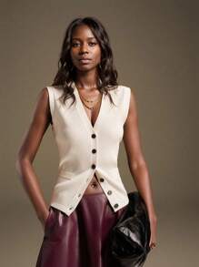 Ontre 2025秋冬新款白色V领前扣单排扣宽肩针织背心开衫，优雅都市浪漫西部朋克Y2K乡村音乐节复古风格韩国机场旅行街头婚礼嘉宾生日万圣节商务休闲办公室约会派对外出机场返校秋冬女装 - 白色 - 查看 4