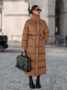 EURMUSE Zip Up Drawstring Waist Long Padded Coat - Camel - View 4