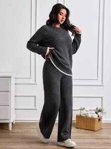 EURMUSE Minimalist Contrast-Trim Lounge Set – Soft Knit Long Sleeve Top & Wide-Leg Pants - Grey - View 3