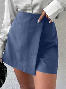 RueChic 100%Cotton Solid Color Asymmetrical Hem Skort - Dusty Blue - View 6
