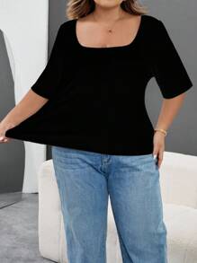 SHEIN CURVE+ 3 قطع/مجموعة تي شيرت نسائي بأكمام قصيرة وياقة مربعة ضيق بلون أحادي، مقاسات كبيرة، ملابس خريف وشتاء - متعدد الألوان - مشاهدة 8