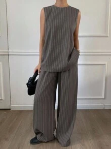 Livesso Bộ 2 món áo không tay và quần ống rộng kẻ sọc mùa hè cho nữ - Xám - Xem 1
