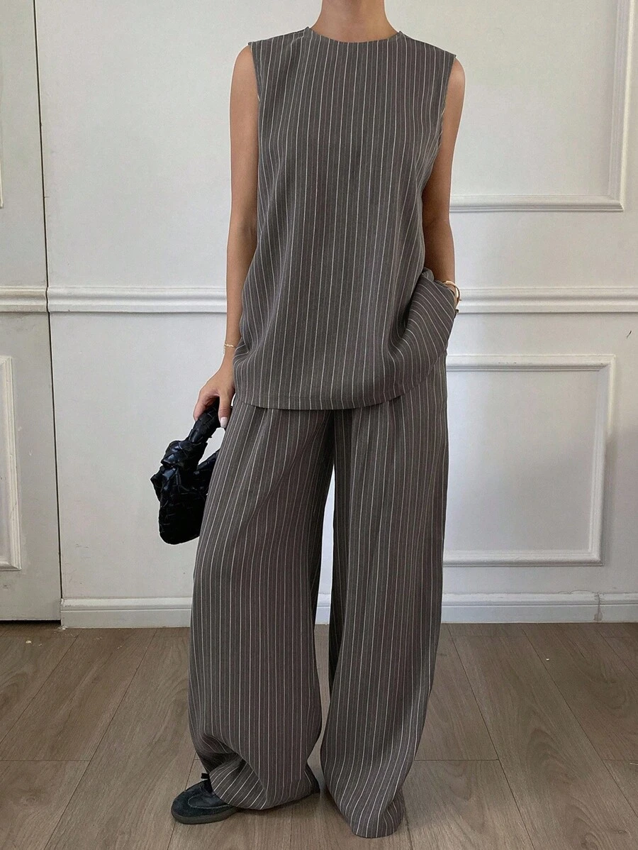 Livesso Bộ 2 món áo không tay và quần ống rộng kẻ sọc mùa hè cho nữ - Xám - Xem 1