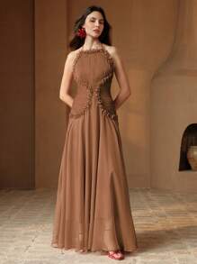 Anewsta Elegant Red Spaghetti Strap Ruched Waist Dress With Ruffled Hem, High-End Mini Cocktail Dress - Khaki - View 3
