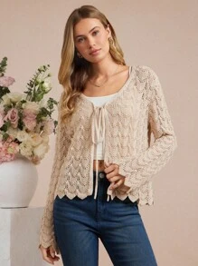 SHEIN Amorya 女士纯色条纹镂空袖轻薄棉质针织开衫，防晒外套，女士返校服装，音乐会返校节服装，女士办公室服装，教师服装，夜间外出教堂服装，女士早午餐服装，女士生日礼服，女士婚礼宾客礼服，女士秋冬服装 - 卡其色 - 查看 4