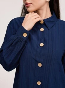 Veilorie Solid Button Front Shirt & Wide Leg Trousers - Navy Blue - View 5