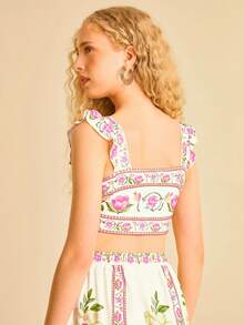 CAJUNI Women's White Floral Print Ruffle Armhole Cropped Tank Top,Summer Boho Picnic Holiday Bohemian Style Graphic Tops Casual-Basic Fall Clothes - Multicolor - View 2
