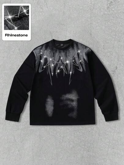 Street Life Men's Rhinestone Dotted Stars Graphic Pullover Sweatshirt, Suitable For Everyday Wear In Autumn/Winter