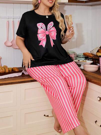 大码条纹蝴蝶结装饰圆领睡衣套装