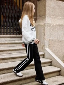 SHEIN Tween Girls Flocked Sweatshirt Two Pieces Set,Letter Print Hoodie & Flared Pants With Stripe Trim,Black And White,Autumn,Casual,School,Back-To-School - White - View 5