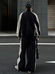 DAZY 女士秋季撞色拼接外套和裤子两件套，秋季女装家居服套装 - 黑色 - 查看 2