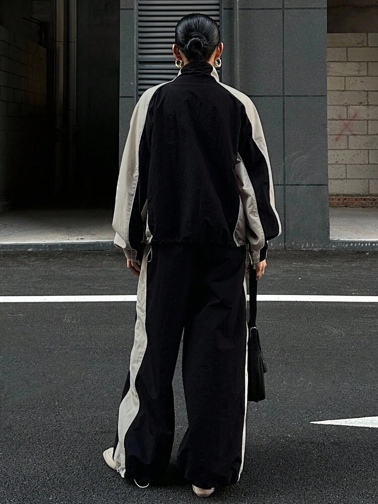 Women's Autumn Contrast Color Patchwork Jacket And Pants 2 Pieces Set,Fall Women Clothes Lounge Sets For Women