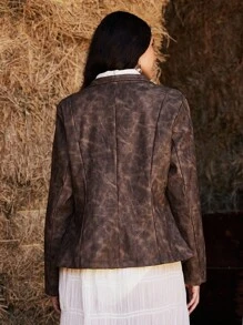 Freevana Áo khoác da PU thời trang tay dài hai hàng khuy tie-dye cỡ lớn dành cho nữ - Cà phê nâu - Xem 2